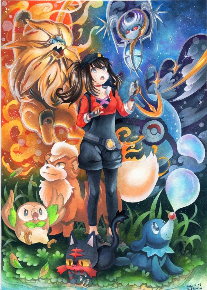 rowlet, popplio, litten, female protagonist, growlithe, and 2 more (pokemon and 1 more) drawn by mosho