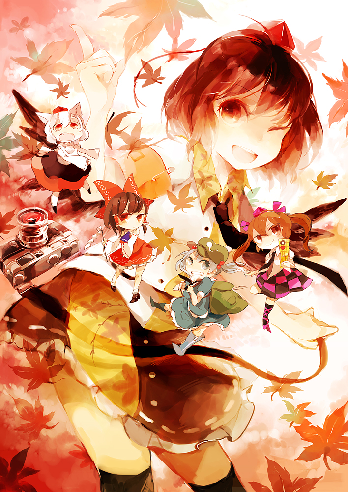 hakurei reimu, shameimaru aya, inubashiri momiji, kawashiro nitori, and himekaidou hatate (touhou) drawn by azuma_aya