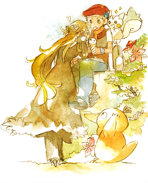 cynthia, lucas, psyduck, and pachirisu (pokemon and 1 more) drawn by morica