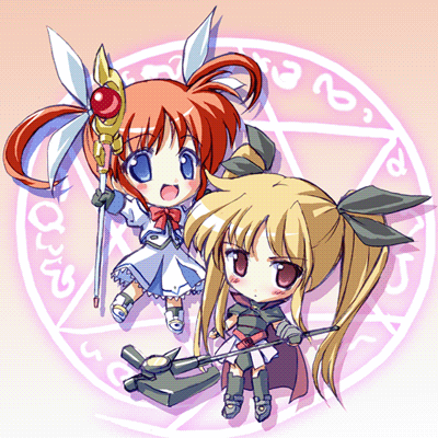 fate testarossa, takamachi nanoha, raising heart, and bardiche (lyrical nanoha and 2 more) drawn by takoyaki_(roast)