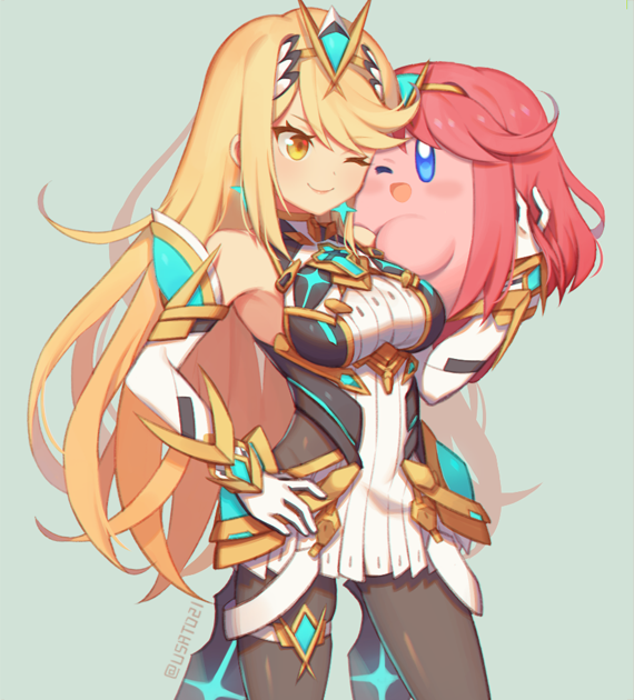 pyra, kirby, and mythra (xenoblade chronicles and 3 more) drawn by wusagi2