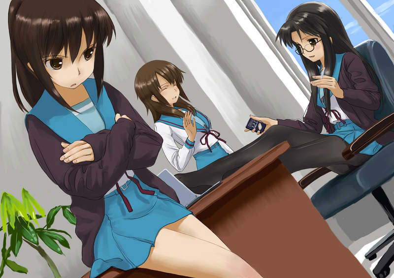 kyonko, koizumi itsuki, and student council president (suzumiya haruhi no yuuutsu) drawn by mocha_(snowflake)