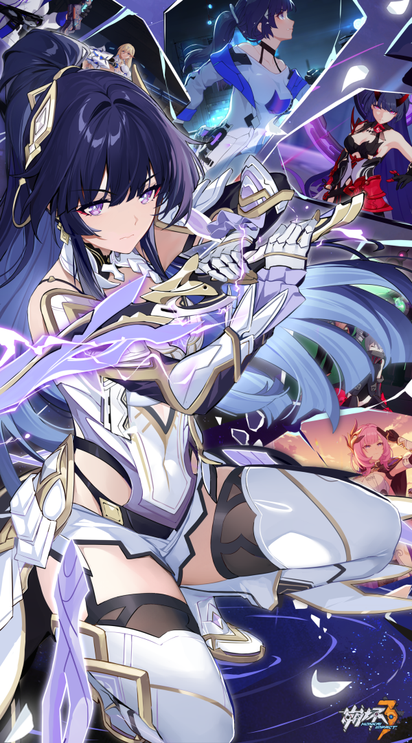 elysia, raiden mei, and durandal (honkai and 1 more) drawn by kikimi