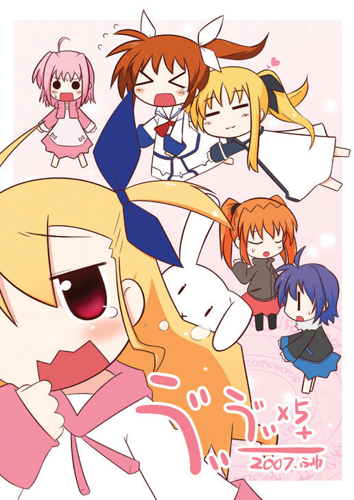 fate testarossa, takamachi nanoha, vivio, subaru nakajima, caro ru lushe, and 1 more (lyrical nanoha and 1 more)