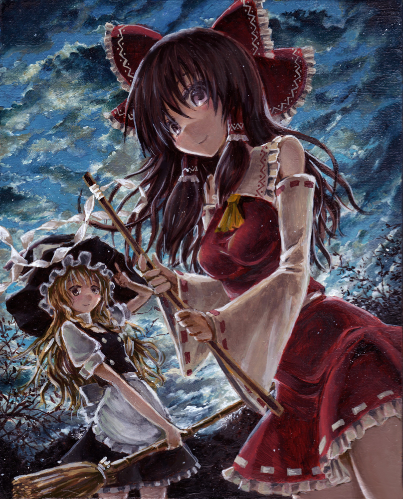 hakurei reimu and kirisame marisa (touhou) drawn by kabaji
