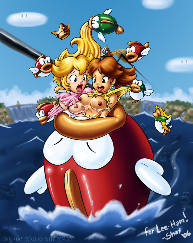 princess peach, princess daisy, cheep cheep, and boss bass (mario) drawn by shaxbert