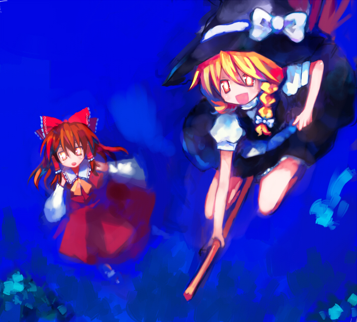 hakurei reimu and kirisame marisa (touhou) drawn by tsuchiya_akira