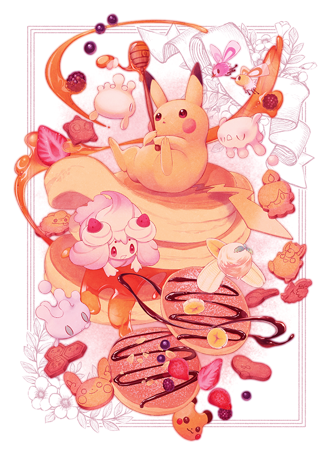 pikachu, cyndaquil, litwick, alcremie, luvdisc, and 8 more (pokemon) drawn by n:go