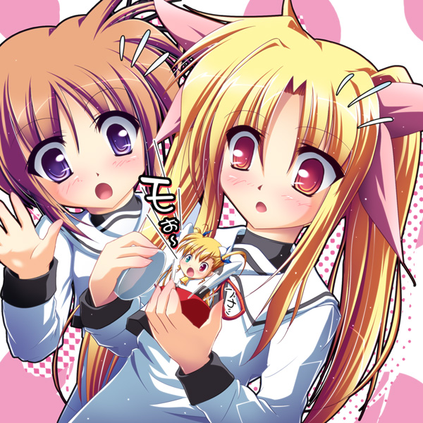 fate testarossa, takamachi nanoha, and vivio (lyrical nanoha and 3 more) drawn by tsukiori_(suigetsutei)