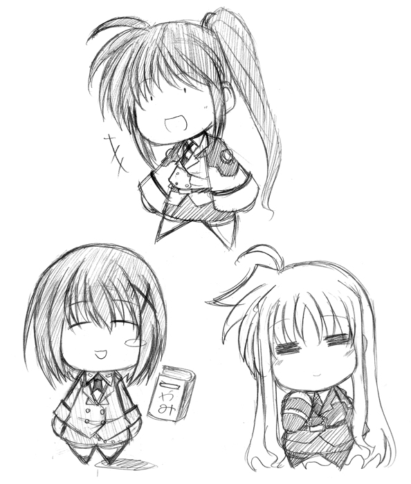 fate testarossa, takamachi nanoha, yagami hayate, and tome of the night sky (lyrical nanoha and 1 more) drawn by hagane_soushi