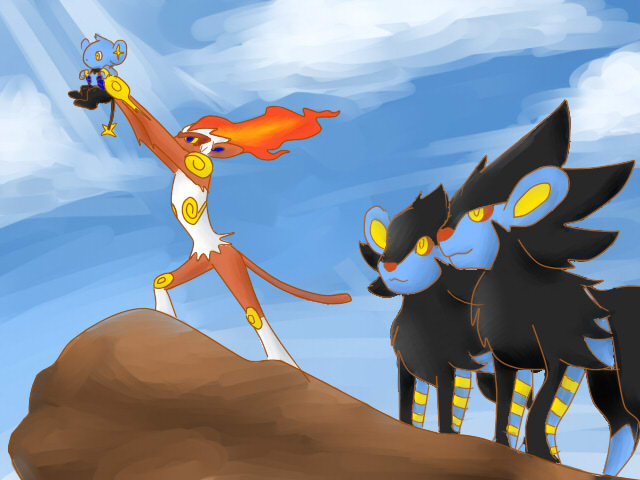 shinx, luxray, and infernape (pokemon and 1 more) drawn by nekomoku