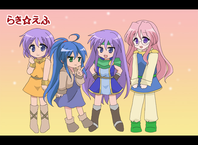 hiiragi kagami, izumi konata, hiiragi tsukasa, takara miyuki, lenna charlotte tycoon, and 3 more (final fantasy and 2 more) drawn by afuro
