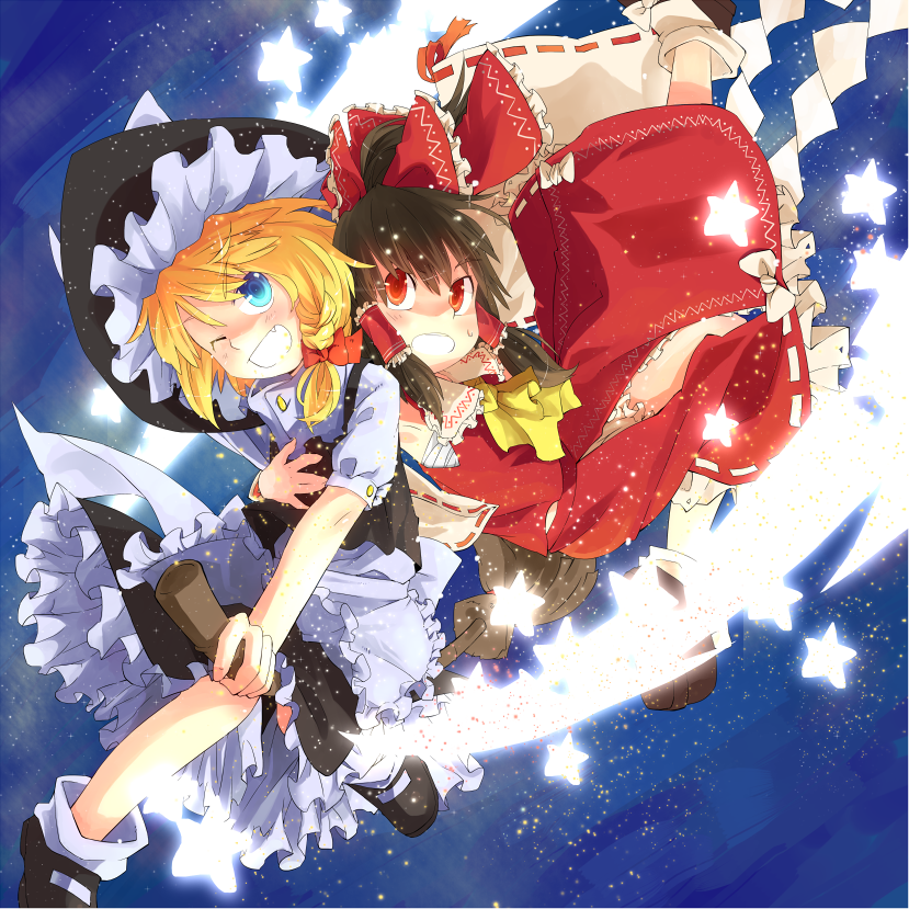 hakurei reimu and kirisame marisa (touhou) drawn by taker_(flamestorm)