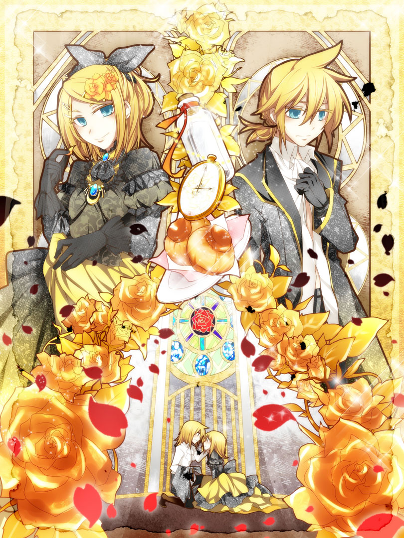 kagamine rin, kagamine len, riliane lucifen d'autriche, and allen avadonia (vocaloid and 3 more) drawn by haru_aki