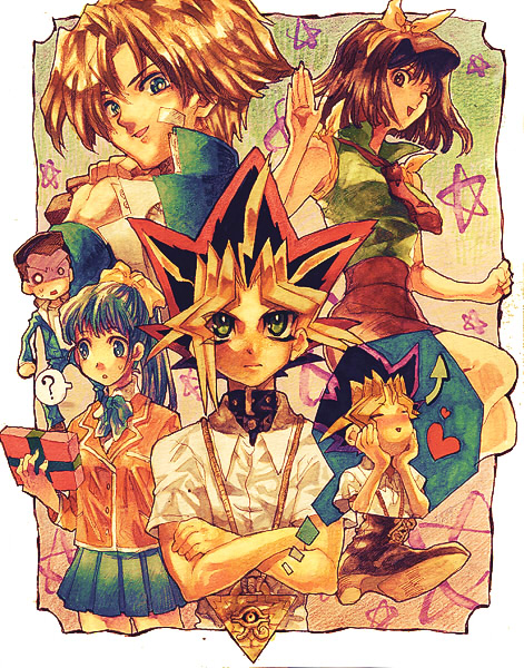 muto yugi, yami yugi, mazaki anzu, jonouchi katsuya, honda hiroto, and 1 more (yu-gi-oh!) drawn by aoki_(fumomo)