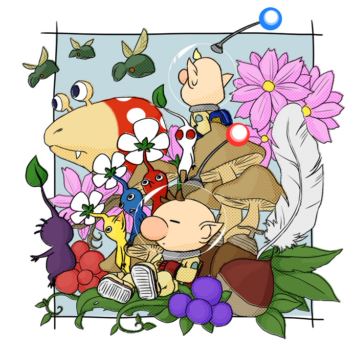 red pikmin, olimar, yellow pikmin, blue pikmin, purple pikmin, and 4 more (pikmin) drawn by naru_(wish_field)