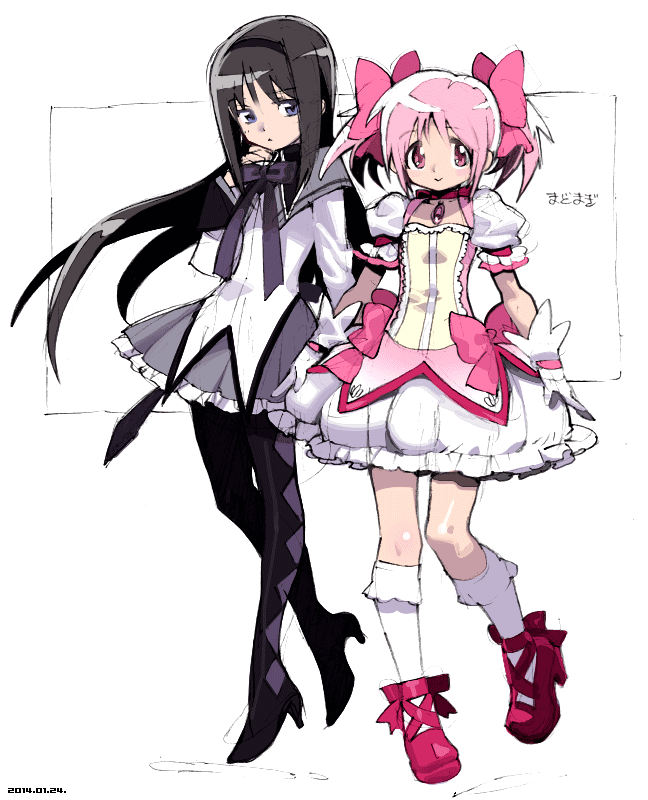 akemi homura and kaname madoka (mahou shoujo madoka magica) drawn by sasaki_tomomi