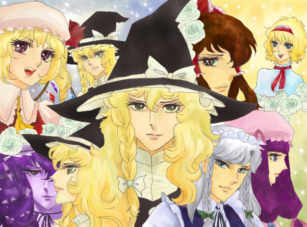 hakurei reimu, kirisame marisa, flandre scarlet, izayoi sakuya, alice margatroid, and 2 more (touhou and 1 more) drawn by tetsuko_(tetsuko009)