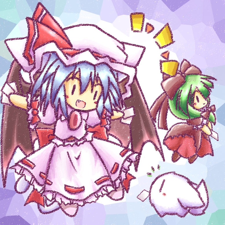 remilia scarlet, kagiyama hina, and kedama (touhou) drawn by tilde_(ice_cube)