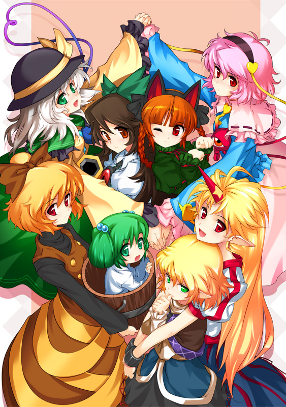 komeiji koishi, komeiji satori, kaenbyou rin, reiuji utsuho, mizuhashi parsee, and 3 more (touhou and 1 more) drawn by hong_(white_spider)