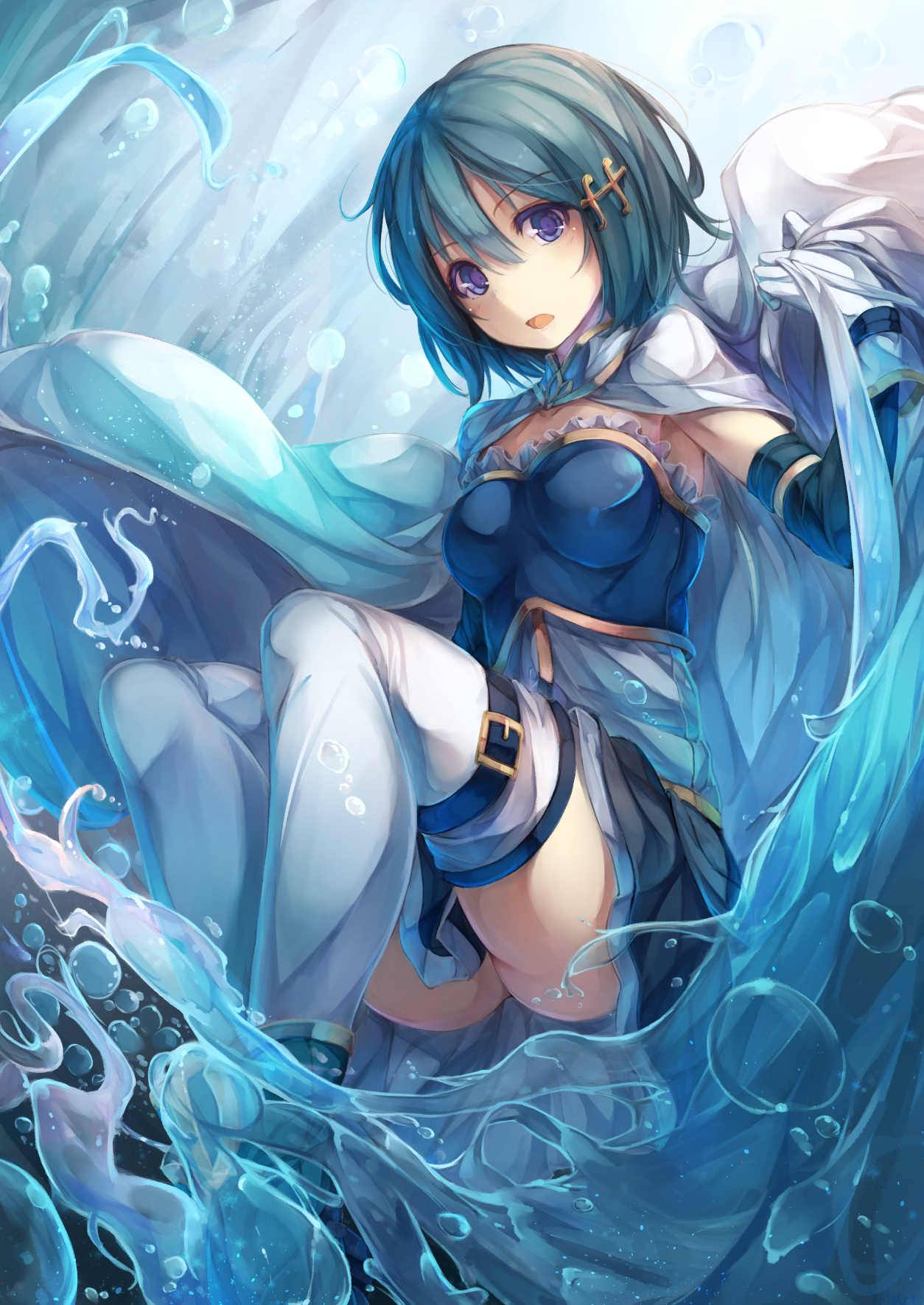 1girl ass blue_eyes blue_hair bubble cape detached_sleeves fal_maro hair_ornament hairclip highres looking_at_viewer magical_girl mahou_shoujo_madoka_magica miki_sayaka open_mouth purple_eyes shirt skirt solo thighhighs underwater upskirt wet wet_clothes white_legwear