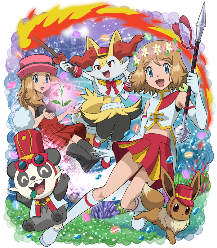 eevee, serena, braixen, and pancham (pokemon and 1 more) drawn by pokemoa