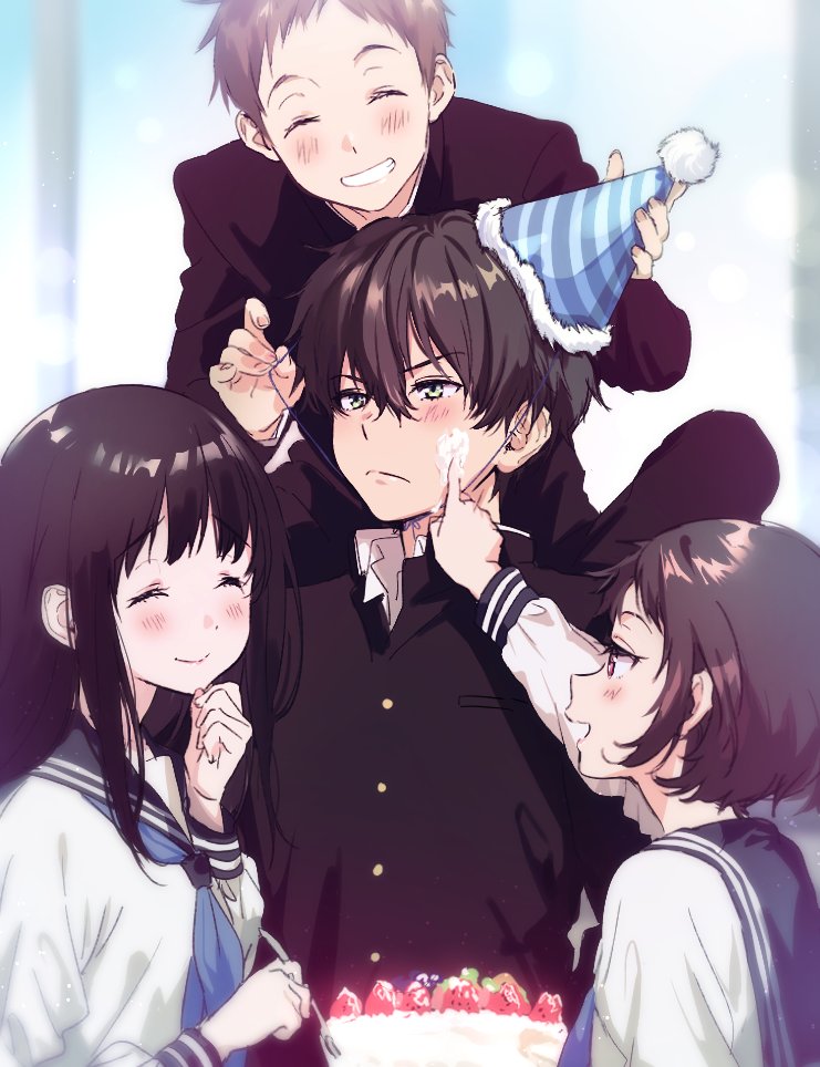 chitanda eru, oreki houtarou, ibara mayaka, and fukube satoshi (hyouka) drawn by mery_(yangmalgage)