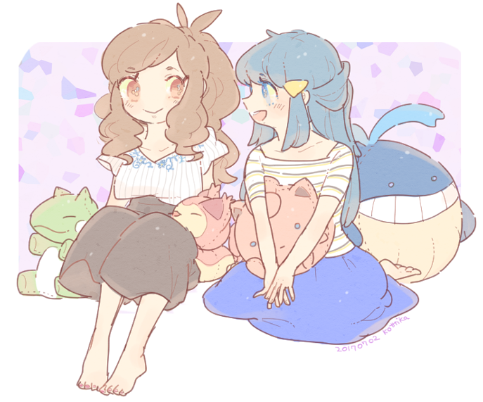dawn, hilda, jigglypuff, skitty, and wailmer (pokemon and 2 more) drawn by katiko