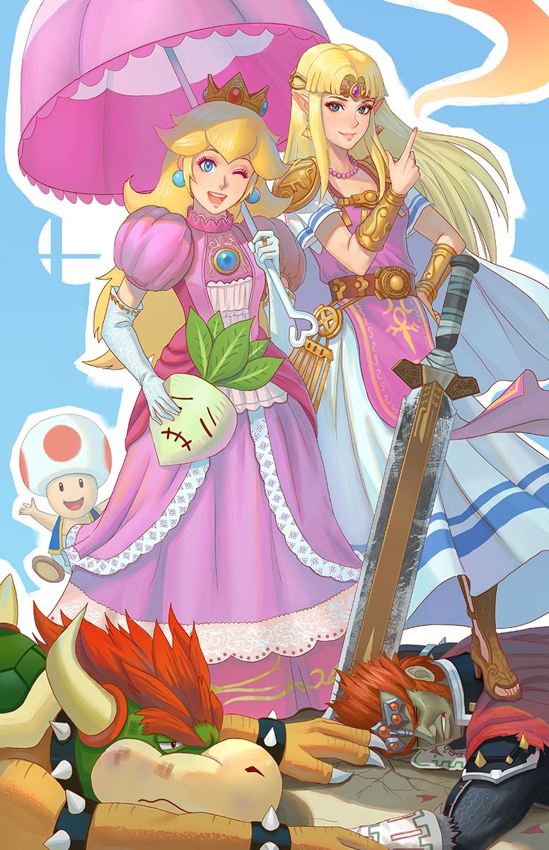 princess zelda, princess peach, bowser, ganondorf, toad, and 1 more (the legend of zelda and 4 more) drawn by yagaminoue