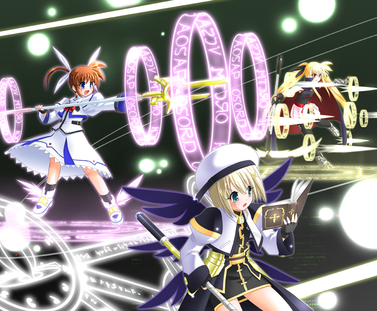 fate testarossa, takamachi nanoha, yagami hayate, raising heart, schwertkreuz, and 2 more (lyrical nanoha and 2 more) drawn by sumeragi_kou