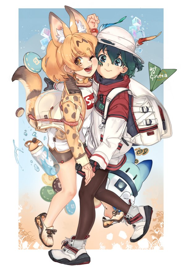 serval, kaban, and lucky beast (kemono friends) drawn by girutea