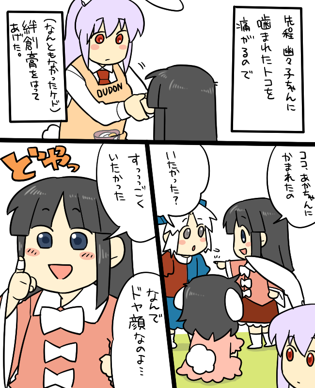 reisen udongein inaba, houraisan kaguya, inaba tewi, and yagokoro eirin (touhou) drawn by koyama_shigeru