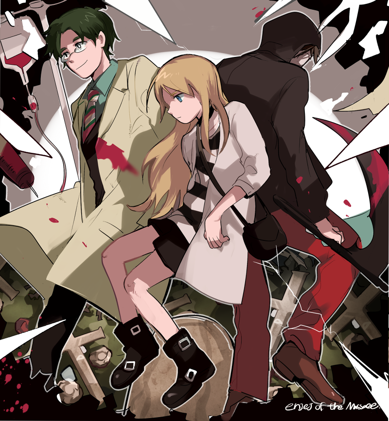 rachel gardner, isaac foster, and danny (satsuriku no tenshi) drawn by shina_000