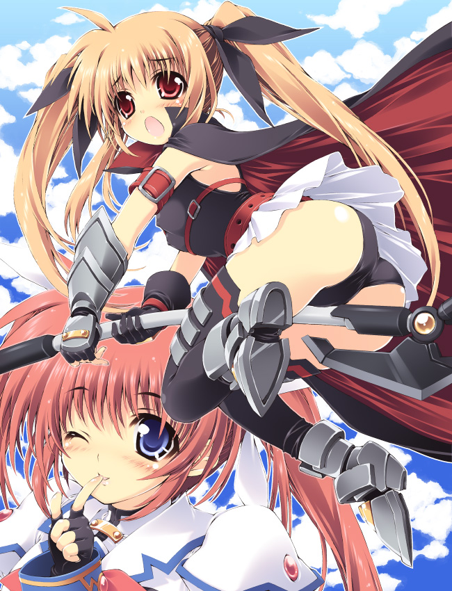 fate testarossa, takamachi nanoha, and bardiche (lyrical nanoha and 2 more) drawn by mitsuki_mantarou