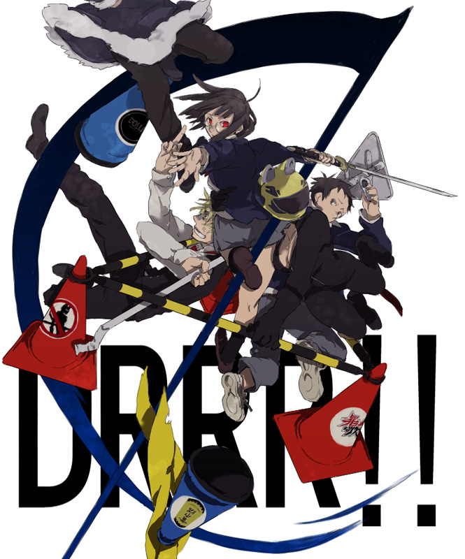 orihara izaya, sonohara anri, heiwajima shizuo, celty sturluson, and ryuugamine mikado (durarara!!) drawn by tsuneko_(trauma)