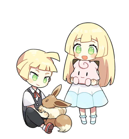 lillie, eevee, gladion, and clefairy (pokemon and 1 more) drawn by pukiko