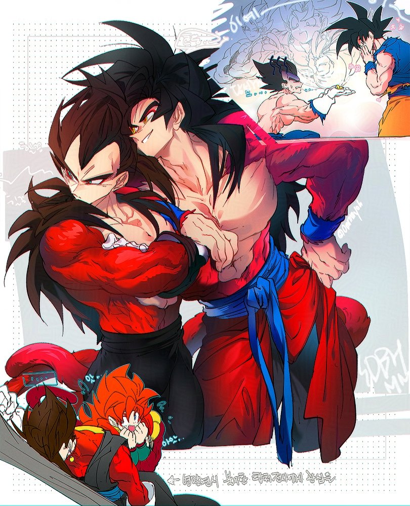 son goku, vegeta, gogeta, and vegetto (dragon ball and 2 more) drawn by ommmyoh