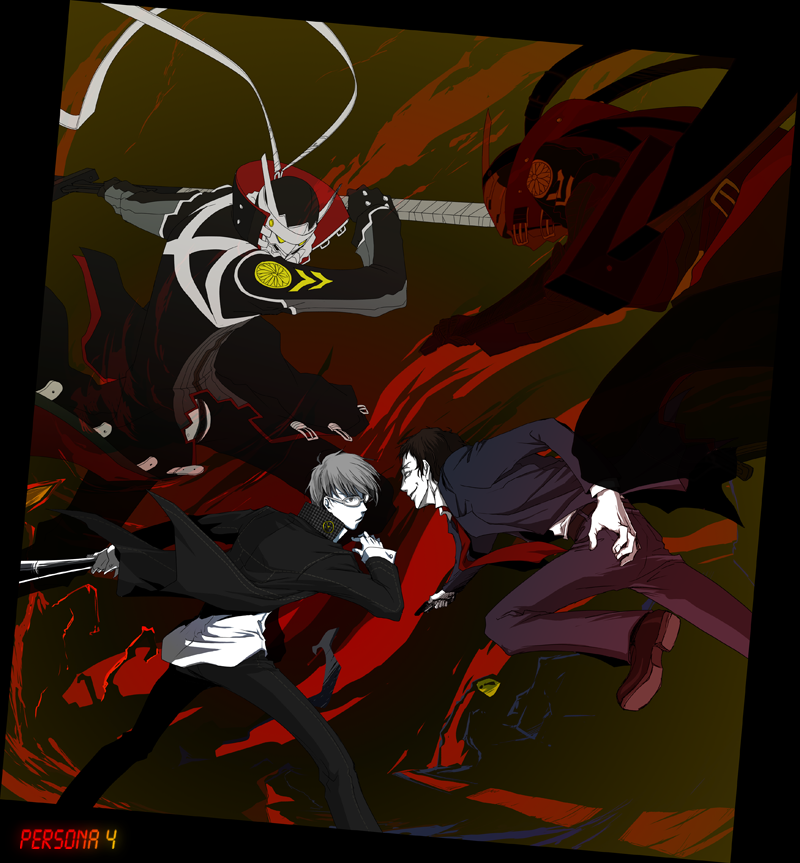 narukami yu, adachi tooru, izanagi, and magatsu izanagi (persona and 1 more) drawn by kaina_(b-white)