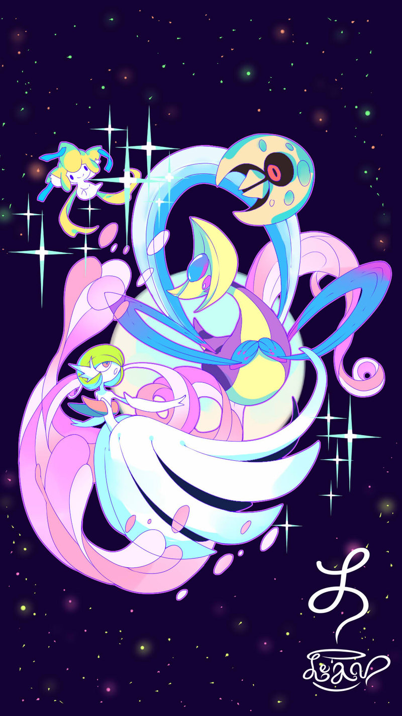 gardevoir, mega gardevoir, jirachi, lunatone, and cresselia (pokemon) drawn by le-av