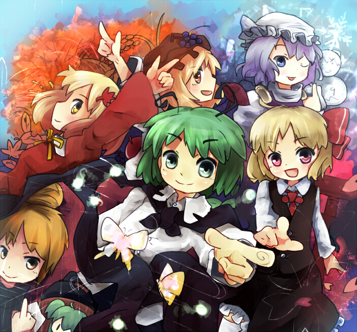 cirno, rumia, wriggle nightbug, kurodani yamame, aki minoriko, and 3 more (touhou) drawn by murani