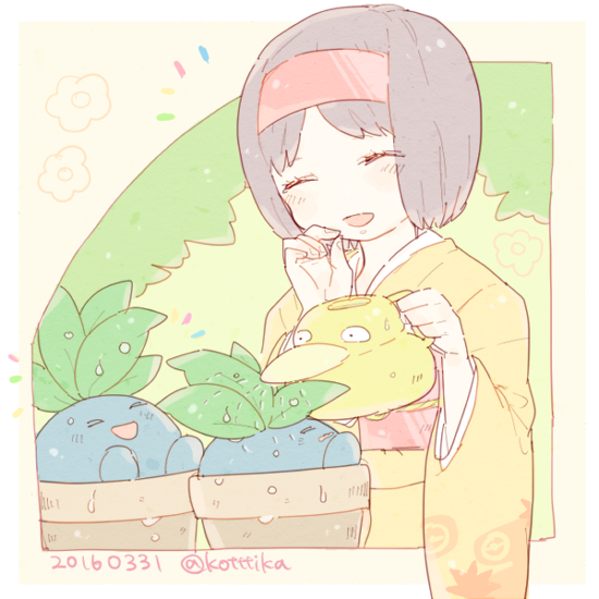 erika, psyduck, and oddish (pokemon and 1 more) drawn by katiko