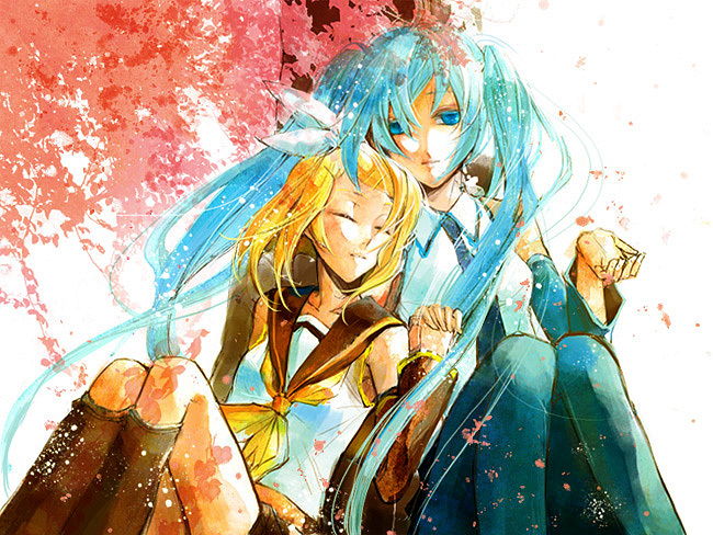 hatsune miku and kagamine rin (vocaloid) drawn by misaki_(chess08)