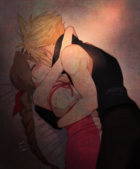 cloud strife and aerith gainsborough (final fantasy and 4 more) drawn by krudears