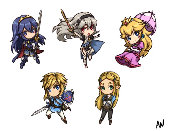 link, princess zelda, princess peach, lucina, and female corrin (fire emblem and 6 more) drawn by athenawyrm