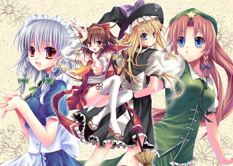 hakurei reimu, kirisame marisa, izayoi sakuya, and hong meiling (touhou) drawn by sousouman