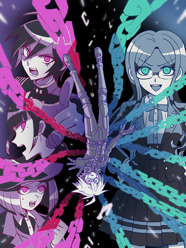 saihara shuichi, harukawa maki, yumeno himiko, k1-b0, and shirogane tsumugi (danganronpa and 1 more) drawn by gohan_(8823cobalt)