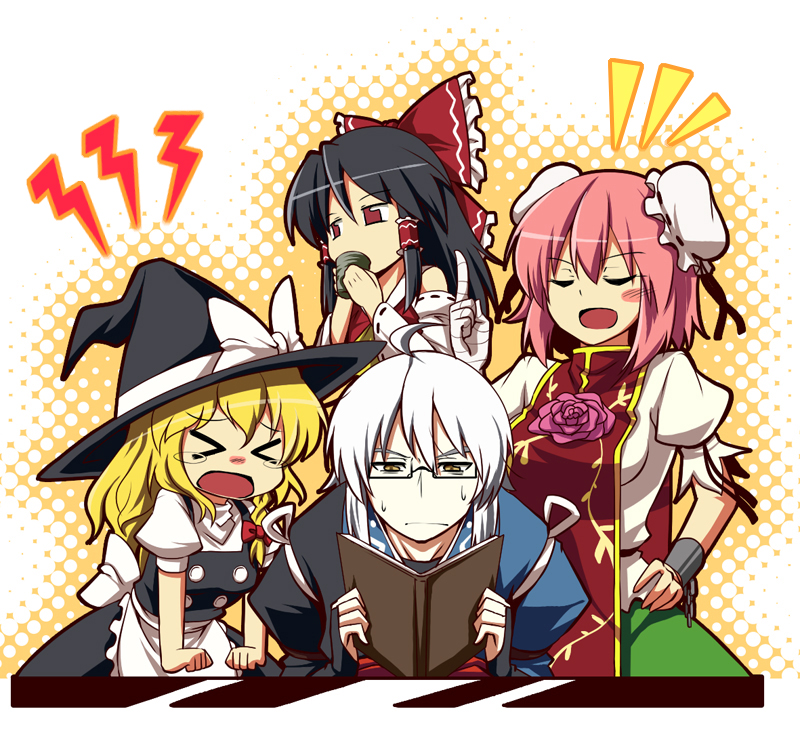 hakurei reimu, kirisame marisa, morichika rinnosuke, and ibaraki kasen (touhou) drawn by aoinu