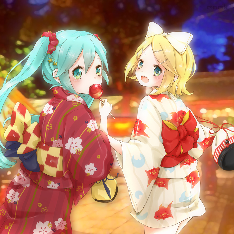 hatsune miku and kagamine rin (vocaloid) drawn by mnmktn