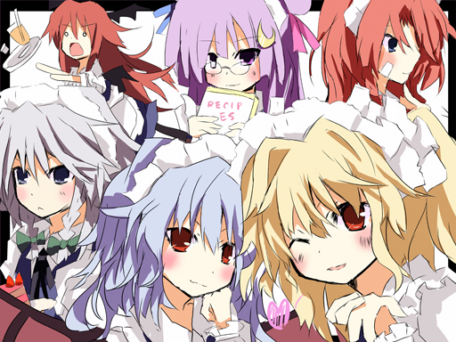 remilia scarlet, flandre scarlet, izayoi sakuya, patchouli knowledge, hong meiling, and 1 more (touhou) drawn by matsushita_yuu
