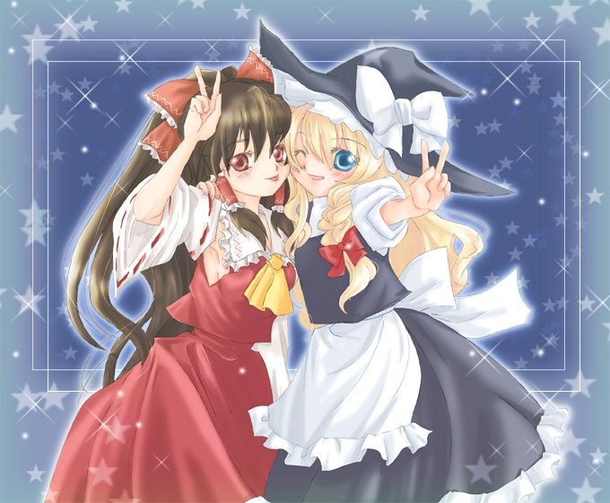 hakurei reimu and kirisame marisa (touhou) drawn by saya_(chocolate_capsule)
